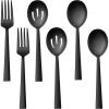 E-far Matte Black Serving Utensils Set of 6, Stainless Steel 8.7 Inch Hostess Serving Set Including MetalSlotted Spoons Forks for Party Buffet Catering, Square Edge & Rust Free(Black)