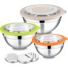 E-far Mixing Bowls Set of 5, Stainless Steel Salad Mixing Bowl with Transparent Lid, Metal Nesting Bowl Attach with 3 Graters for Kitchen Prepping/Serving/Baking/Storage, 4.6/2.6/1.5/1/0.7 QT – Black(Colorful)