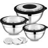 E-far Mixing Bowls Set of 5, Stainless Steel Salad Mixing Bowl with Transparent Lid, Metal Nesting Bowl Attach with 3 Graters for Kitchen Prepping/Serving/Baking/Storage, 4.6/2.6/1.5/1/0.7 QT – Black(Black)