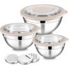 E-far Mixing Bowls Set of 5, Stainless Steel Salad Mixing Bowl with Transparent Lid, Metal Nesting Bowl Attach with 3 Graters for Kitchen Prepping/Serving/Baking/Storage, 4.6/2.6/1.5/1/0.7 QT – Black(Khaki)
