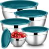 E-far Mixing Bowls with Lids Set of 5, Stainless Steel Mixing Bowls Metal Nesting Bowls with Airtight Lids, Non-toxic & Dishwasher Safe, Great for Cooking, Baking, Serving – Size 0.7/1/1.5/3/4.6QT(Teal Blue)