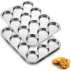 E-far Muffin Top Pan, 12-Cavity Stainless Steel Shallow Cupcake Pan for Yorkshire Pudding, Eggs, Whoopie Pie, Cornbread, Non-toxic & Dishwasher Safe – 2 Pcs(2 Pieces)