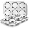 E-far Muffin Top Pan Set of 2, Stainless Steel 6-Cavity Shallow Cupcake Pan for Baking Whoopie Pie, Yorkshire Pudding, Eggs, Cornbread, Drop Cookies, Non-toxic & Standard Size, Oven & Dishwasher Safe(2)