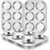 E-far Muffin Top Pan Set of 2, Stainless Steel 6-Cavity Shallow Cupcake Pan for Baking Whoopie Pie, Yorkshire Pudding, Eggs, Cornbread, Drop Cookies, Non-toxic & Standard Size, Oven & Dishwasher Safe(3)