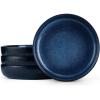 E-far Pasta Bowls Set of 4, 35oz Large Salad Bowls for Serving, Wide and Shallow Ceramic Plates for Kitchen, Double Reactive Glaze, Microwave and Dishwasher Safe, Seashell White(Deep Sea Blue)