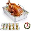 E-far Roasting Pan, 16 x 11.5 Inch Stainless Steel Turkey Roaster with V-shaped & Flat Rack, Non-toxic & Heavy Duty Deep Broiling Pan, Dishwasher Safe – Large(Silver)