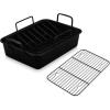 E-far Roasting Pan, 16 x 11.5 Inch Stainless Steel Turkey Roaster with V-shaped & Flat Rack, Non-toxic & Heavy Duty Deep Broiling Pan, Dishwasher Safe – Large(Black)