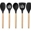 E-far Silicone Cooking Utensils Set, 10-Piece Heat Resistant Kitchen Utensils Set with Wooden Handle for Nonstick Cookware, Kitchen Nonstick Tools Spatula Whisk Tongs Ladle, Non-toxic & Healthy(Khaki)(Black)