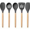 E-far Silicone Cooking Utensils Set, 10-Piece Heat Resistant Kitchen Utensils Set with Wooden Handle for Nonstick Cookware, Kitchen Nonstick Tools Spatula Whisk Tongs Ladle, Non-toxic & Healthy(Khaki)(Gray)