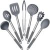 E-far Silicone Cooking Utensils Set, 7 Pcs Heat Resistant Kitchen Utensils with Stainless Steel Handle, Slotted Turner, Spoon, Soup Ladle, Pasta Server, Skimmer, Tongs for Nonstick Cookware, Black(Gray)