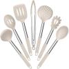 E-far Silicone Cooking Utensils Set, 7 Pcs Heat Resistant Kitchen Utensils with Stainless Steel Handle, Slotted Turner, Spoon, Soup Ladle, Pasta Server, Skimmer, Tongs for Nonstick Cookware, Black(Khaki)