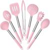 E-far Silicone Cooking Utensils Set, 7 Pcs Heat Resistant Kitchen Utensils with Stainless Steel Handle, Slotted Turner, Spoon, Soup Ladle, Pasta Server, Skimmer, Tongs for Nonstick Cookware, Black(Pink)