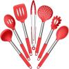 E-far Silicone Cooking Utensils Set, 7 Pcs Heat Resistant Kitchen Utensils with Stainless Steel Handle, Slotted Turner, Spoon, Soup Ladle, Pasta Server, Skimmer, Tongs for Nonstick Cookware, Black(Red)