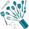 E-far Silicone Cooking Utensils Set, 7 Pcs Heat Resistant Kitchen Utensils with Stainless Steel Handle, Slotted Turner, Spoon, Soup Ladle, Pasta Server, Skimmer, Tongs for Nonstick Cookware, Black(Blue)