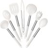 E-far Silicone Cooking Utensils Set, 7 Pcs Heat Resistant Kitchen Utensils with Stainless Steel Handle, Slotted Turner, Spoon, Soup Ladle, Pasta Server, Skimmer, Tongs for Nonstick Cookware, Black(White)