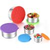 E-far Snack Containers with Lid Set of 3 (3, 6, 12.9oz), Stainless Steel Food Container for Kids Toddlers Adults, Round Metal Reusable Food Storage Box for Daycare School, Leak Proof & Stackable(Red  Purple  Green  Blue  Orange)
