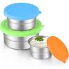 E-far Snack Containers with Lid Set of 3 (3, 6, 12.9oz), Stainless Steel Food Container for Kids Toddlers Adults, Round Metal Reusable Food Storage Box for Daycare School, Leak Proof & Stackable(Green  Blue  Orange)