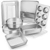 E-far Stainless Steel Baking Pan Set, 9-Piece Bakeware Sets for Cake Cookie Loaf Muffin, Include Round, Square, Rectangle Baking Sheet Pan with Lid & Cooling Rack, Dishwasher Safe(9-Piece Set)
