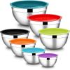 E-far Stainless Steel Mixing Bowls with Airtight Lids, 7-Piece Metal Nesting Bowls with Black Lids for Saving Storage Space, Size 7, 4.6, 3, 2, 1.5, 1, 0.7QT, Great for Baking/Cooking/Prepping(Colorful)
