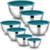 E-far Stainless Steel Mixing Bowls with Airtight Lids, 7-Piece Metal Nesting Bowls with Black Lids for Saving Storage Space, Size 7, 4.6, 3, 2, 1.5, 1, 0.7QT, Great for Baking/Cooking/Prepping(Blue)