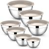 E-far Stainless Steel Mixing Bowls with Airtight Lids, 7-Piece Metal Nesting Bowls with Black Lids for Saving Storage Space, Size 7, 4.6, 3, 2, 1.5, 1, 0.7QT, Great for Baking/Cooking/Prepping(Khaki)