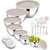 E-far Stainless Steel Mixing Bowls with Lids Set, 5-Piece Nesting Salad Bowls with 3 Grater Attachments and Non-Slip Bottoms, Size 4.6, 2.6, 2, 1.5, 1QT for Kitchen (Black)(Khaki)
