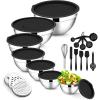 E-far Stainless Steel Mixing Bowls with Lids Set, 5-Piece Nesting Salad Bowls with 3 Grater Attachments and Non-Slip Bottoms, Size 4.6, 2.6, 2, 1.5, 1QT for Kitchen (Black)(Black)