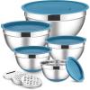 E-far Stainless Steel Mixing Bowls with Lids Set, 5-Piece Nesting Salad Bowls with 3 Grater Attachments and Non-Slip Bottoms, Size 4.6, 2.6, 2, 1.5, 1QT for Kitchen (Black)(Blue)