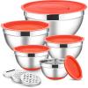 E-far Stainless Steel Mixing Bowls with Lids Set, 5-Piece Nesting Salad Bowls with 3 Grater Attachments and Non-Slip Bottoms, Size 4.6, 2.6, 2, 1.5, 1QT for Kitchen (Black)(Red)