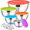 E-far Stainless Steel Mixing Bowls with Lids Set, 5-Piece Nesting Salad Bowls with 3 Grater Attachments and Non-Slip Bottoms, Size 4.6, 2.6, 2, 1.5, 1QT for Kitchen (Black)(Colorful)