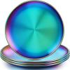 E-far Stainless Steel Plates Set of 4, 8-inch Metal Dinner Plates for Kids Toddlers, Great for Self-feeding/Picnic/Outdoor Camping, Healthy & Non-toxic, Shatterproof & Dishwasher Safe(Rainbow)