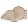 E-far Stoneware Dinnerware Sets for 4, 12-Piece Reactive Glaze Plates and Bowls Sets, Kitchen Ceramic Dishes Dinning Ware, Microwave & Dishwasher Safe, Deep Gray(Bright Khaki)