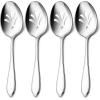 Stainless Steel Slotted Serving Spoons, E-far 4-Piece Metal Tablespoons Hostess Serving Utensils Set for Catering Buffet Party Kitchen Restaurant, Dishwasher Safe(Slotted Spoons x 4)
