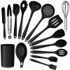 Teal Blue Kitchen Utensils Set, E-far 15-Piece Silicone Cooking Utensils with Holder, Non-stick Cookware Friendly & Heat Resistant, Includes Ladle Spatula Spoon Slotted Turner for Cooking & Baking(Black)