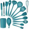 Teal Blue Kitchen Utensils Set, E-far 15-Piece Silicone Cooking Utensils with Holder, Non-stick Cookware Friendly & Heat Resistant, Includes Ladle Spatula Spoon Slotted Turner for Cooking & Baking(Teal Blue)