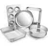 Toaster Oven Bakeware Set, E-far 6-Piece Stainless Steel Small Baking Pan Set, Include Cake Brownie Pan/Cookie Sheet with Rack/Muffin Tin/Pizza Pan, Non-Toxic & Healthy, Easy Clean & Dishwasher Safe(6 Pieces)