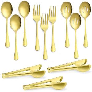 12-Piece Large Serving Utensils Set, E-far Stainless Steel 9.8 Inch Serving Slotted Spoons, 9.9 Inch Fork, 9.4 Inch Tong for Buffet Catering Banquet, Mirror Finish & Dishwasher Safe(Gold-12)