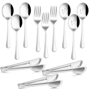 12-Piece Large Serving Utensils Set, E-far Stainless Steel 9.8 Inch Serving Slotted Spoons, 9.9 Inch Fork, 9.4 Inch Tong for Buffet Catering Banquet, Mirror Finish & Dishwasher Safe(Silver-12)