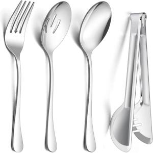 12-Piece Large Serving Utensils Set, E-far Stainless Steel 9.8 Inch Serving Slotted Spoons, 9.9 Inch Fork, 9.4 Inch Tong for Buffet Catering Banquet, Mirror Finish & Dishwasher Safe(Silver-8)