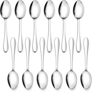 12-Piece Teaspoons, E-far 6.7 Inches Stainless Steel Small Spoons for Home Kitchen Restaurant, Mirror Polished & Dishwasher Safe(Raindrop Edged Handle)
