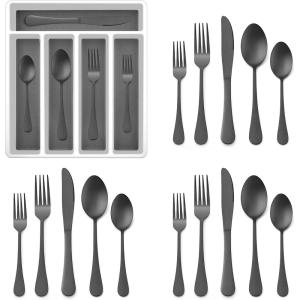 20-Piece Black Silverware Set with Tray, E-far Stainless Steel Flatware Cutlery Set Service for 4, Eating Utensils Tableware with Plastic Organizer for Home Kitchen, Matte Finished & Dishwasher safe
