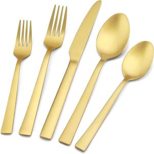 20-Piece Matte Black Silverware Set, E-far Stainless Steel Flatware Set Service for 4, Metal Cutlery Eating Utensils Tableware Includes Forks/Spoons/Knives, Square Edge(Gold)