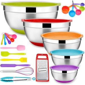 22-Piece Mixing Bowls with Teal Blue Lids & Accessories Set, E-far Stainless Steel Nesting Bowls with Covers & Non-Slip Bottoms, Metal Bowls for Cooking/Baking/Serving/Storage -Size 7/3.5/2.5/1.5/1 QT(Colorful)