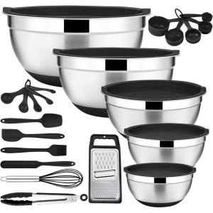 22-Piece Mixing Bowls with Teal Blue Lids & Accessories Set, E-far Stainless Steel Nesting Bowls with Covers & Non-Slip Bottoms, Metal Bowls for Cooking/Baking/Serving/Storage -Size 7/3.5/2.5/1.5/1 QT(Black)