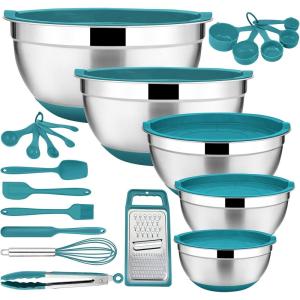 22-Piece Mixing Bowls with Teal Blue Lids & Accessories Set, E-far Stainless Steel Nesting Bowls with Covers & Non-Slip Bottoms, Metal Bowls for Cooking/Baking/Serving/Storage -Size 7/3.5/2.5/1.5/1 QT(Teal Blue)