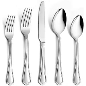 40-Piece Silverware Set, E-far Stainless Steel Flatware Cutlery Set Service for 8, Metal Tableware Eating Utensil Set, Dinner Knives/Forks/Spoons, Scalloped Edge & Mirror Polished – Dishwasher Safe(60-Piece for 12)