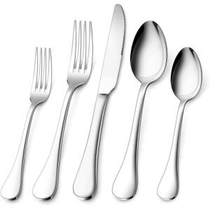 40-Piece Silverware Set for 8, E-far 18/10 Stainless Steel Flatware Cutlery Metal Eating Utensil Tableware Forks and Spoon Sets for Restaurant Wedding – Simple Fancy Style & Dishwasher Safe(60)