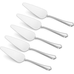 5-Piece Pie Server, E-far Hammered Stainless Steel Cake Server Spatula for Cutting Pastry Cheese Pizza, Serrated Edge with Square Handle, Mirror Polished & Dishwasher Safe-8.9 Inch(Scalloped Handles)
