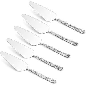 5-Piece Pie Server, E-far Hammered Stainless Steel Cake Server Spatula for Cutting Pastry Cheese Pizza, Serrated Edge with Square Handle, Mirror Polished & Dishwasher Safe-8.9 Inch(Hammered Square Handles)