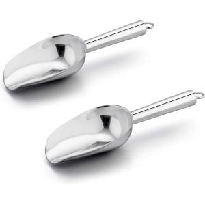 6 Ounce Ice Scoop Set of 2, E-far Platinum Black Stainless Steel Small Scoops for Ice Cube/Candy/Flour/Sugar, Metal Utility Scoops for Canisters, Baking, Kitchen Pantry, Rust Free(Silver)